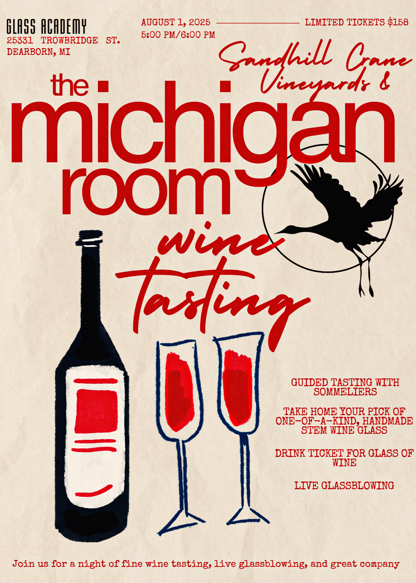 Promotional poster for Michigan Room wine tasting event with wine bottle, glasses, and text.