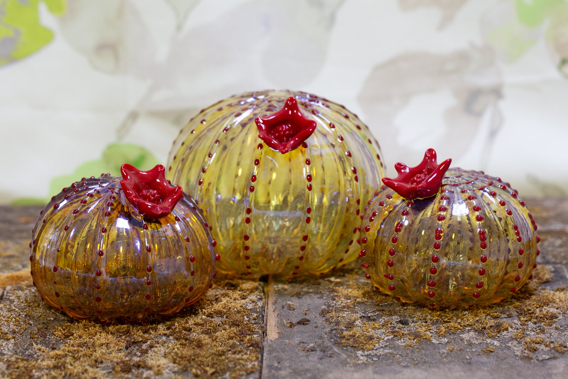 Cactus Piantay: A Decorative Glass Cactus Sunset Amber w/ Red Flower ~ Small