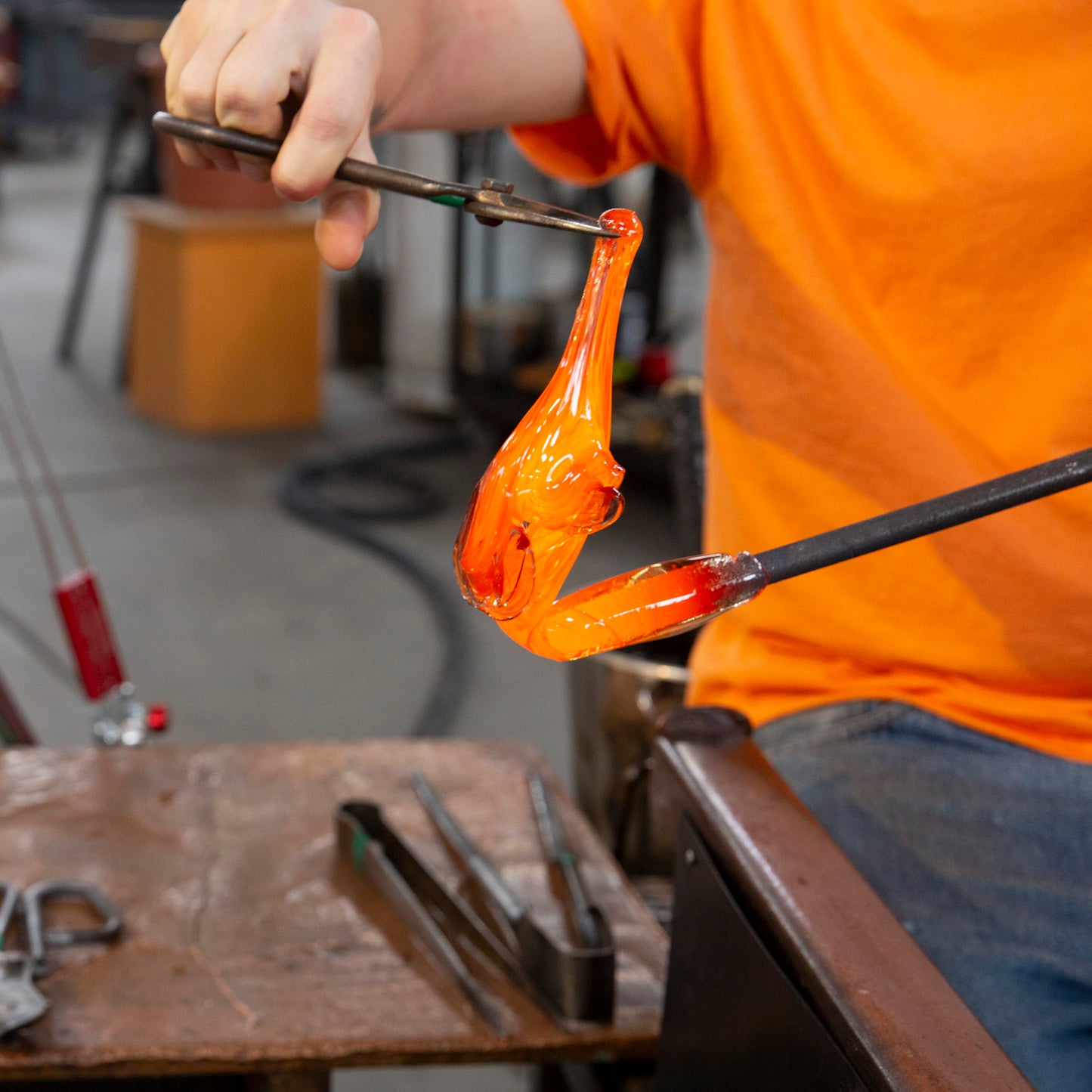 A 100% Hands-On class student works with special glassblowing scissors to pull a  large gather of molten glass.