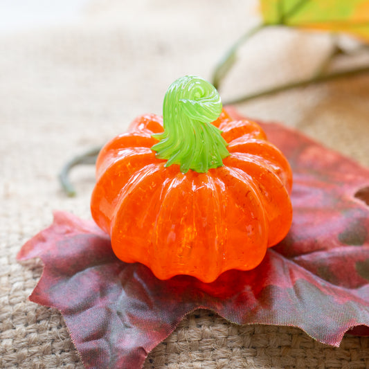 An orange mini pumpkin with a green stem sits on top of a red leaf.