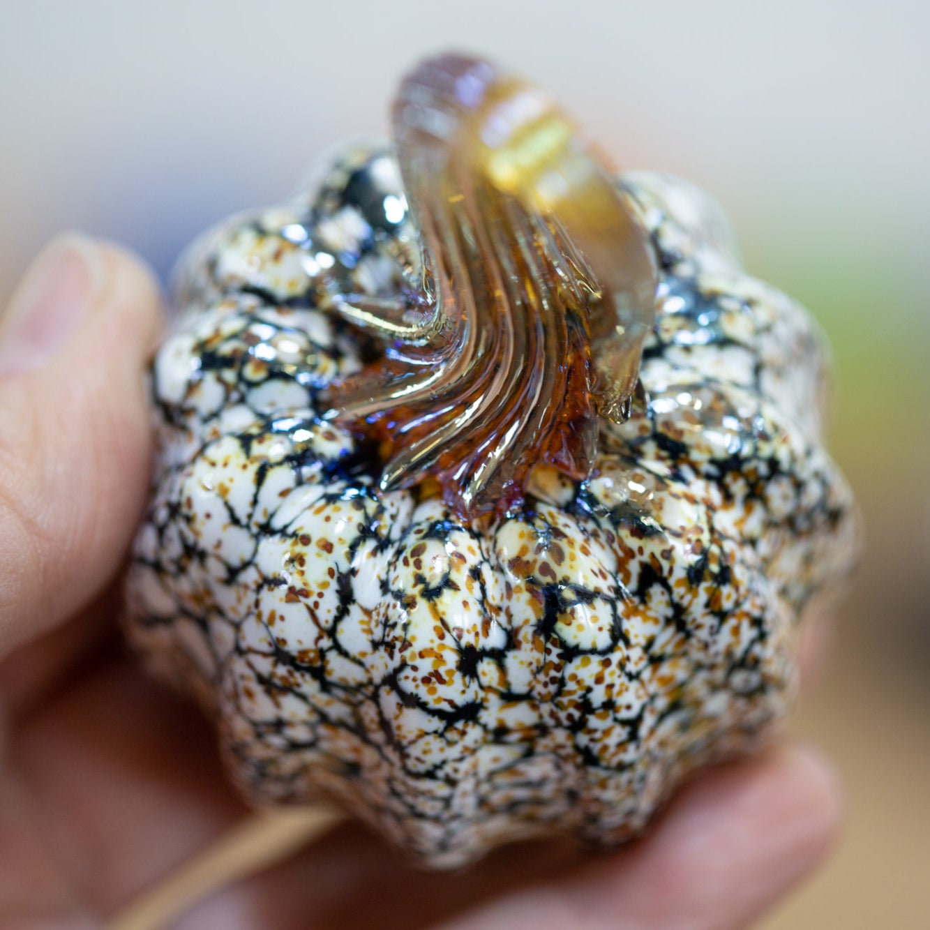 A hand holds a white, green, and gold speckled mini pumpkin.